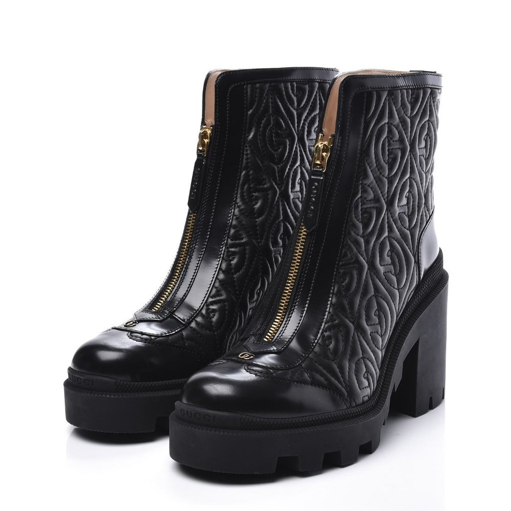 Women's Black G Rhombus Leather Mid-heel Ankle Boot
